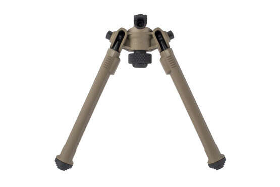 Magpul black M-LOK bipods have adjustable pan and tilt with adjustable length legs with stepped polymer feet for stability